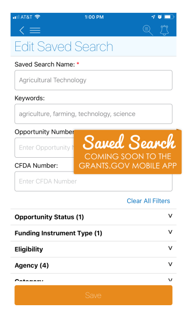 Saved Search coming soon to the Grants.gov mobile app